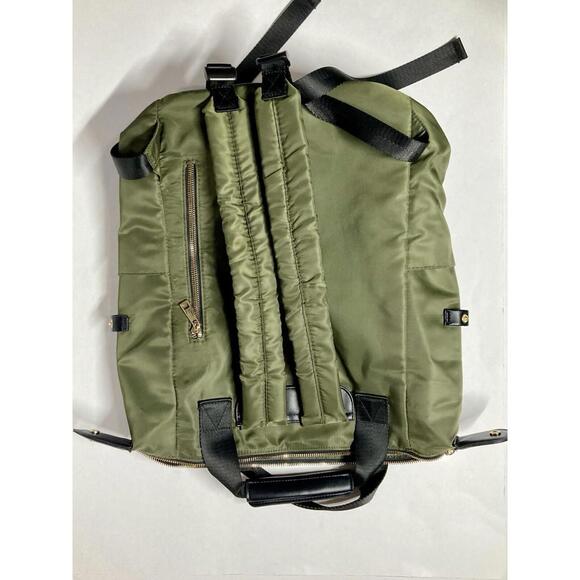 Forest Green Square Backpack Gold Tone Zipper Polyester Leather Bottom & Handle - Picture 6 of 7